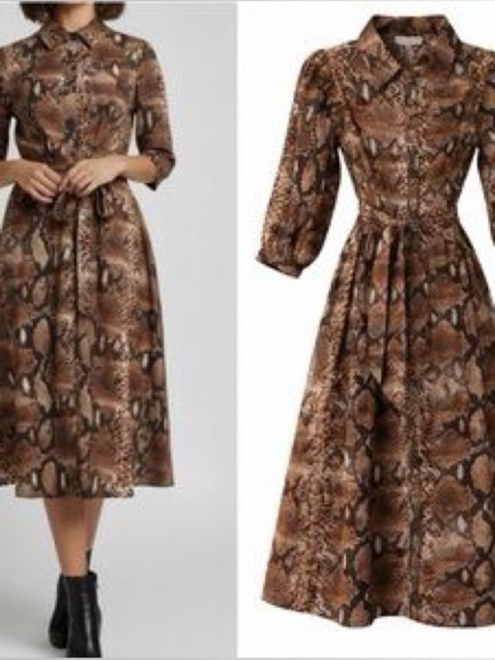 NWT Caroline Constas Snakeskin Belted Long Sleeve Midi Dress in Brown Size Small